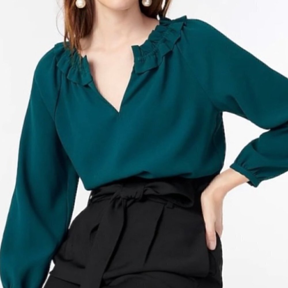 J Crew Green Crepe Ruffle Neck Top Small NWT